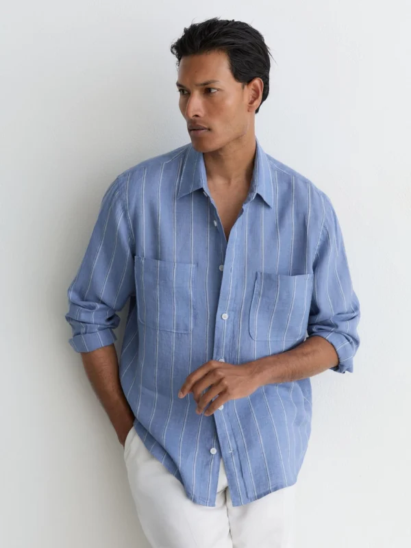 Reiss Blue & White Linen Striped Regular-fit Shirt