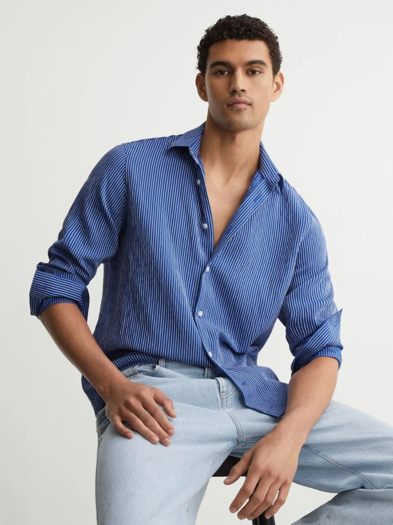 Reiss Blue & White Pinstripe Long-sleeve Regular-fit Shirt