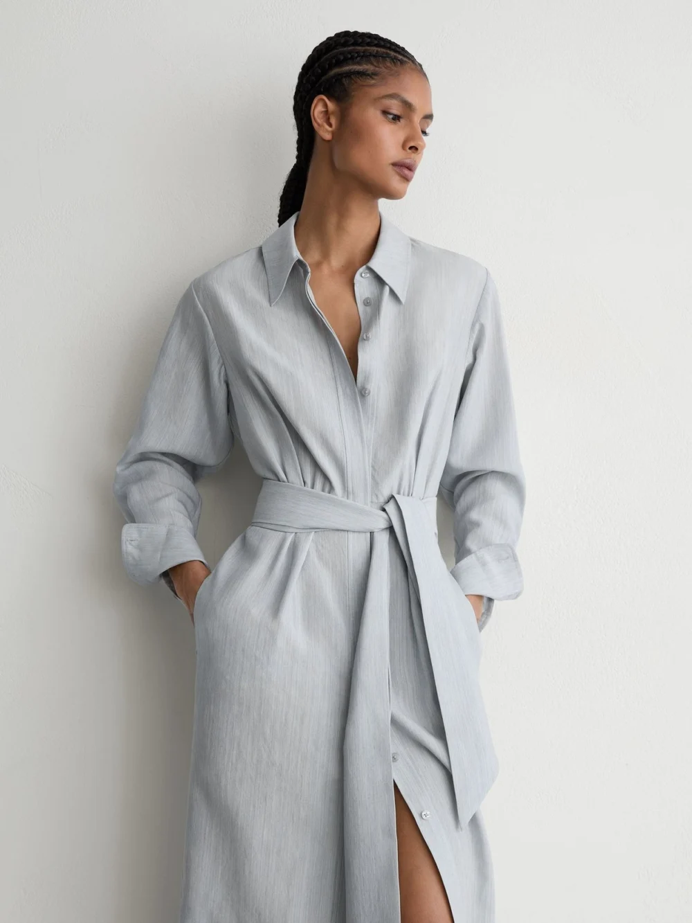 Reiss Blue -blend Tie-waist Shirt Dress, view 3