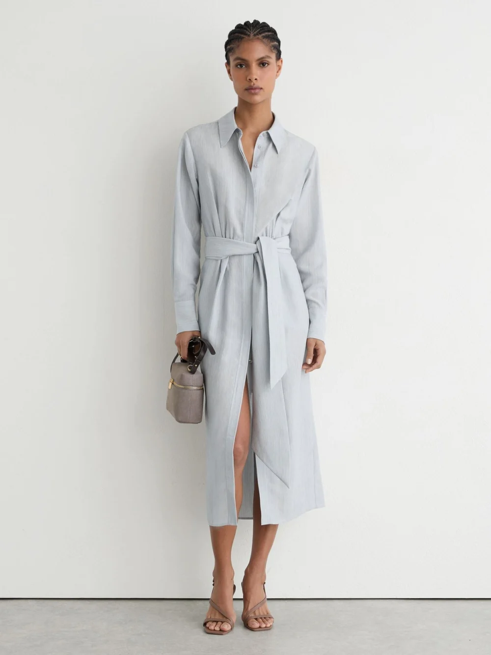 Reiss Blue -blend Tie-waist Shirt Dress, view 4