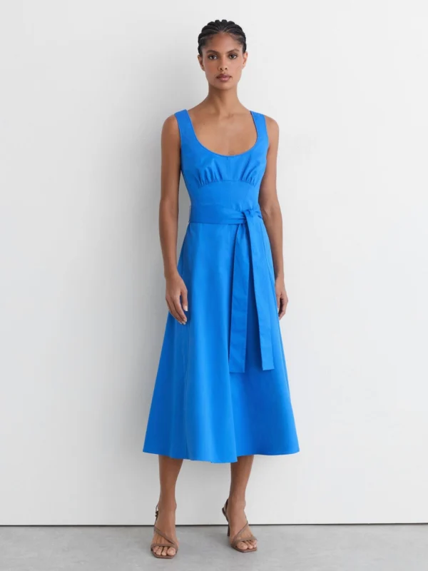 Reiss Blue Cotton Belted Midi Dress with Stretch