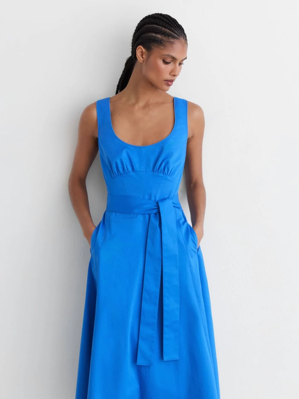 Reiss Blue Cotton Belted Midi Dress with Stretch, view 4