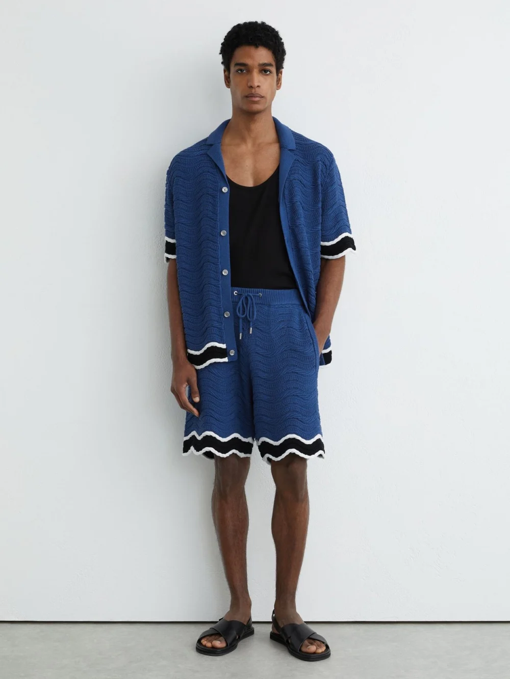Reiss Blue Cotton-blend Wave-knit Tipped Shorts