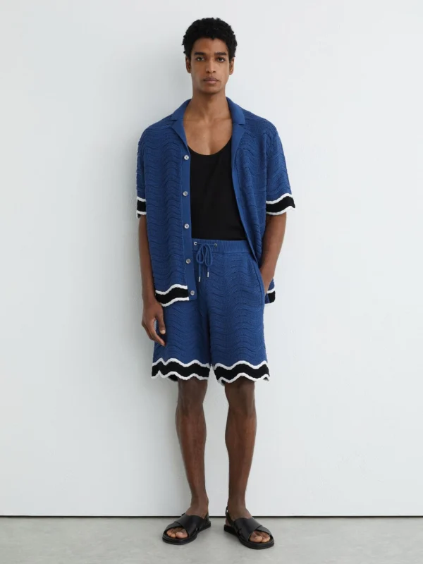Reiss Blue Cotton-blend Wave-knit Tipped Shorts