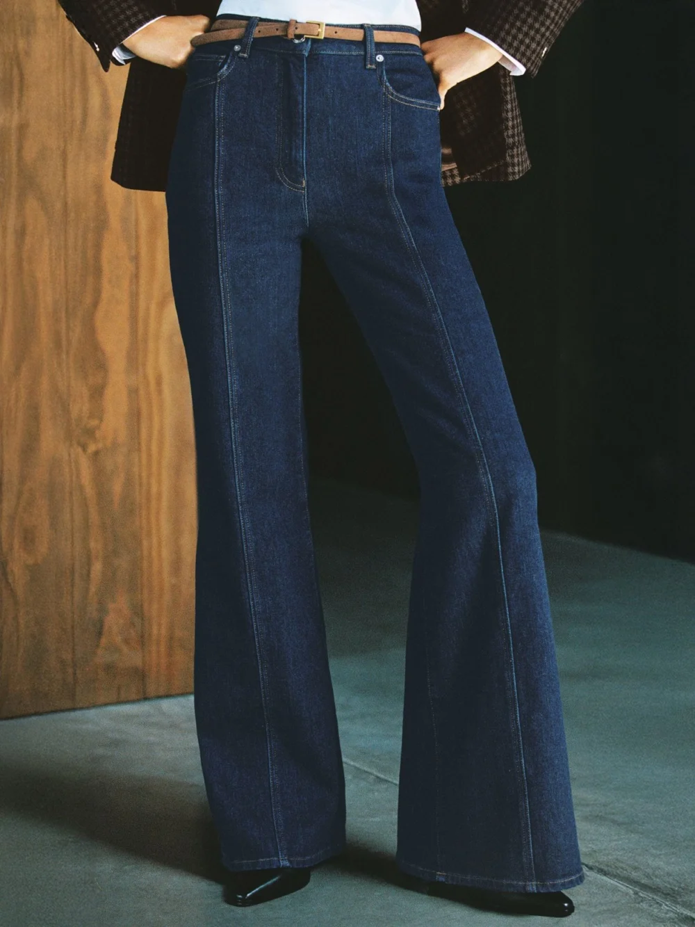 Reiss Blue Flared Seam-detail Jeans, view 3