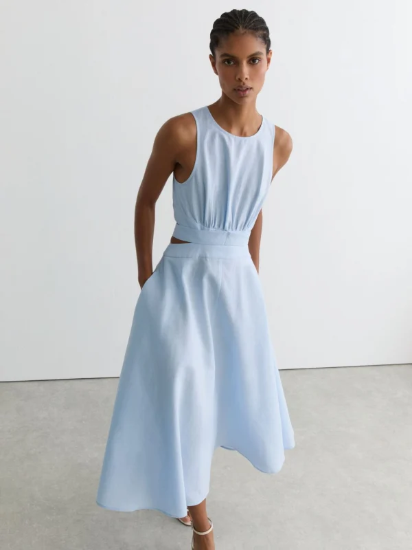 Reiss Blue Linen-cotton Cut-out Midi Dress