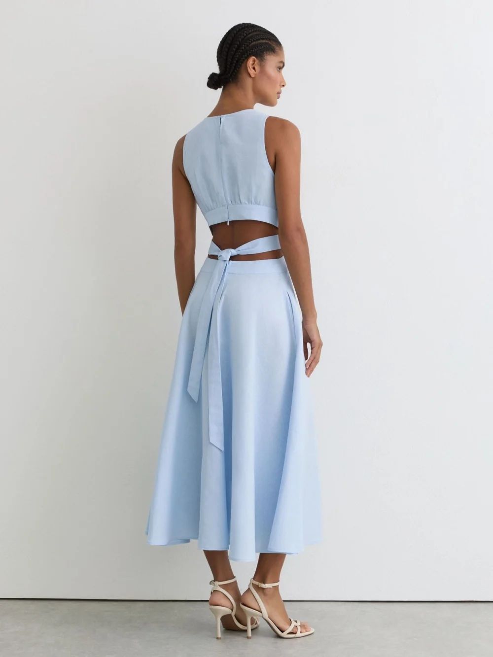 Reiss Blue Linen-cotton Cut-out Midi Dress, view 4