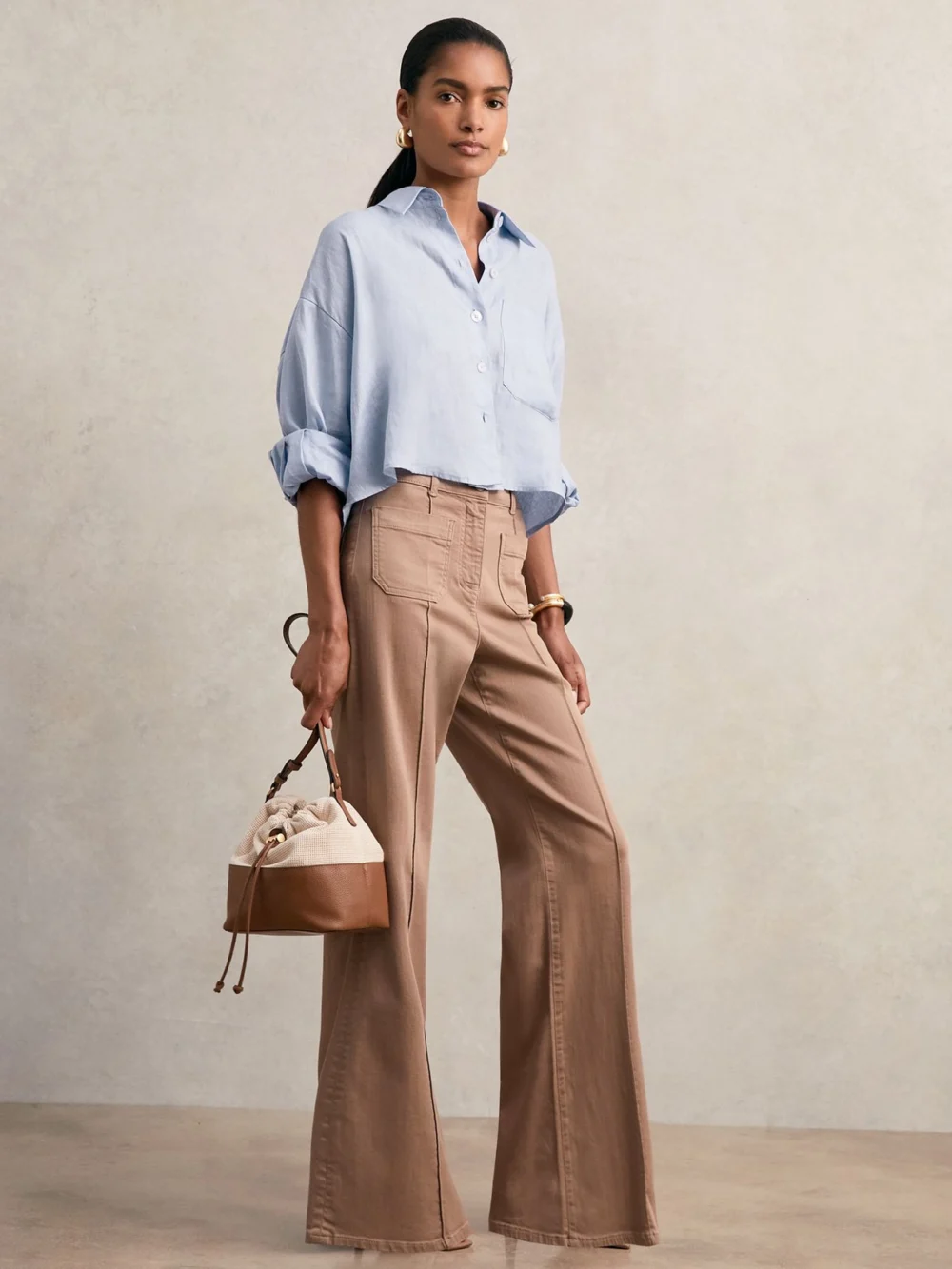 Reiss Blue Linen Oversize Cropped Shirt