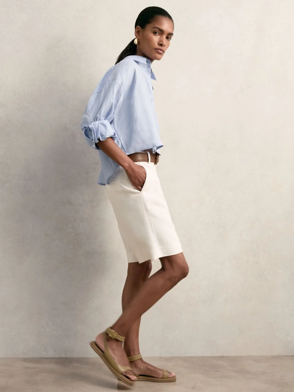 Reiss Blue Linen Oversize Cropped Shirt, view 3