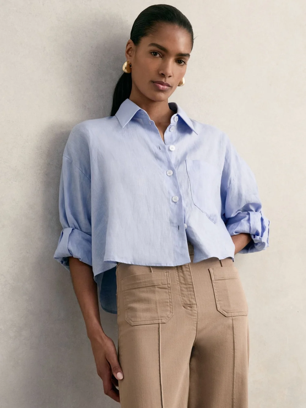 Reiss Blue Linen Oversize Cropped Shirt, view 4