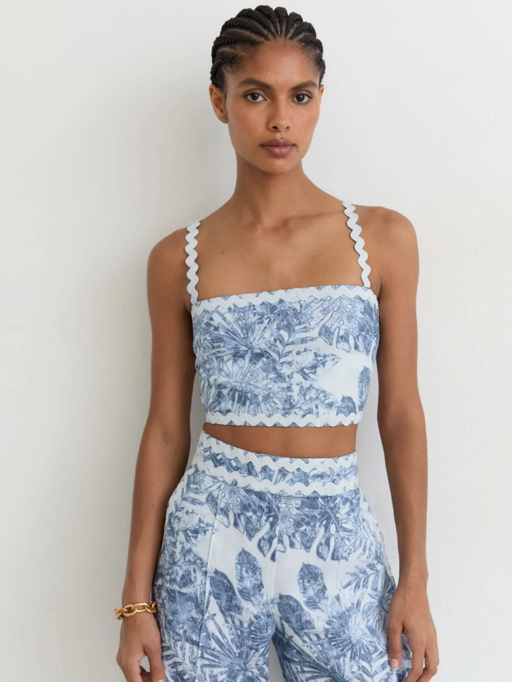 Reiss Blue Linen Wave-trim Cropped Cami Top