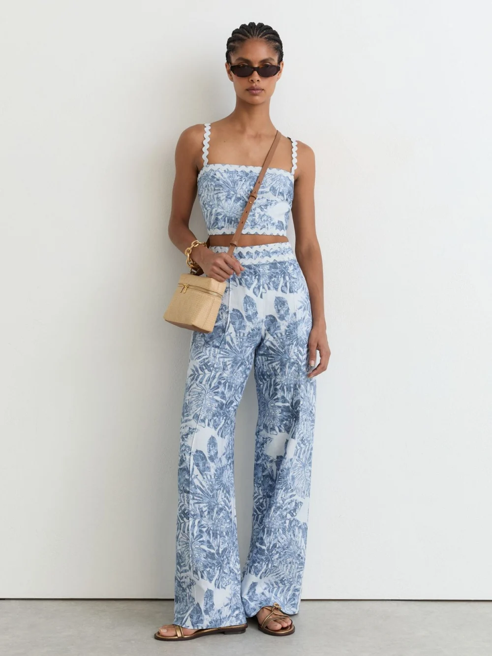 Reiss Blue Linen Wave-trim Cropped Cami Top, view 3
