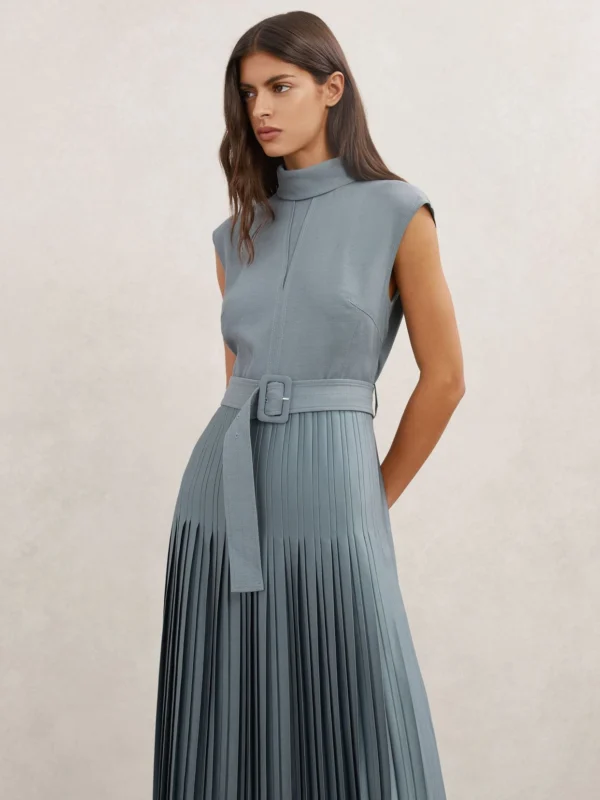 Reiss Blue Pleated Roll Neck Belted Midi Dress