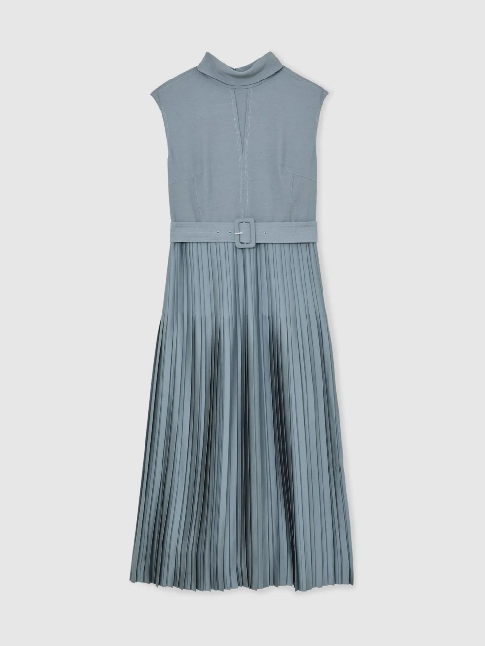 Reiss Blue Pleated Roll Neck Belted Midi Dress, view 2
