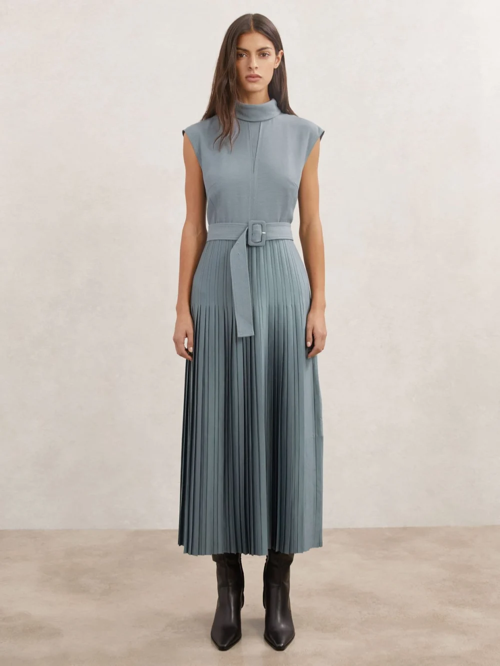 Reiss Blue Pleated Roll Neck Belted Midi Dress, view 3