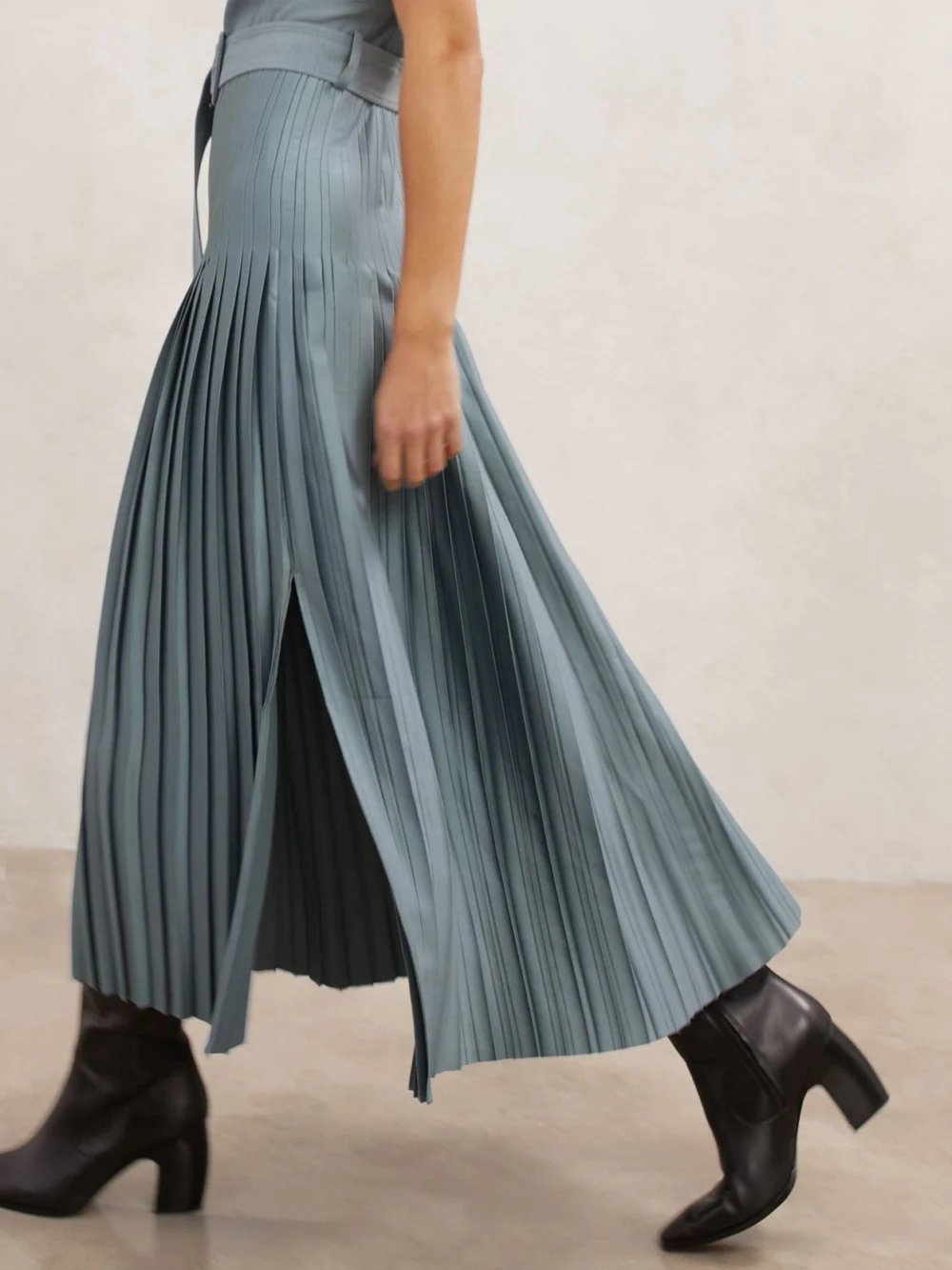 Reiss Blue Pleated Roll Neck Belted Midi Dress, view 4