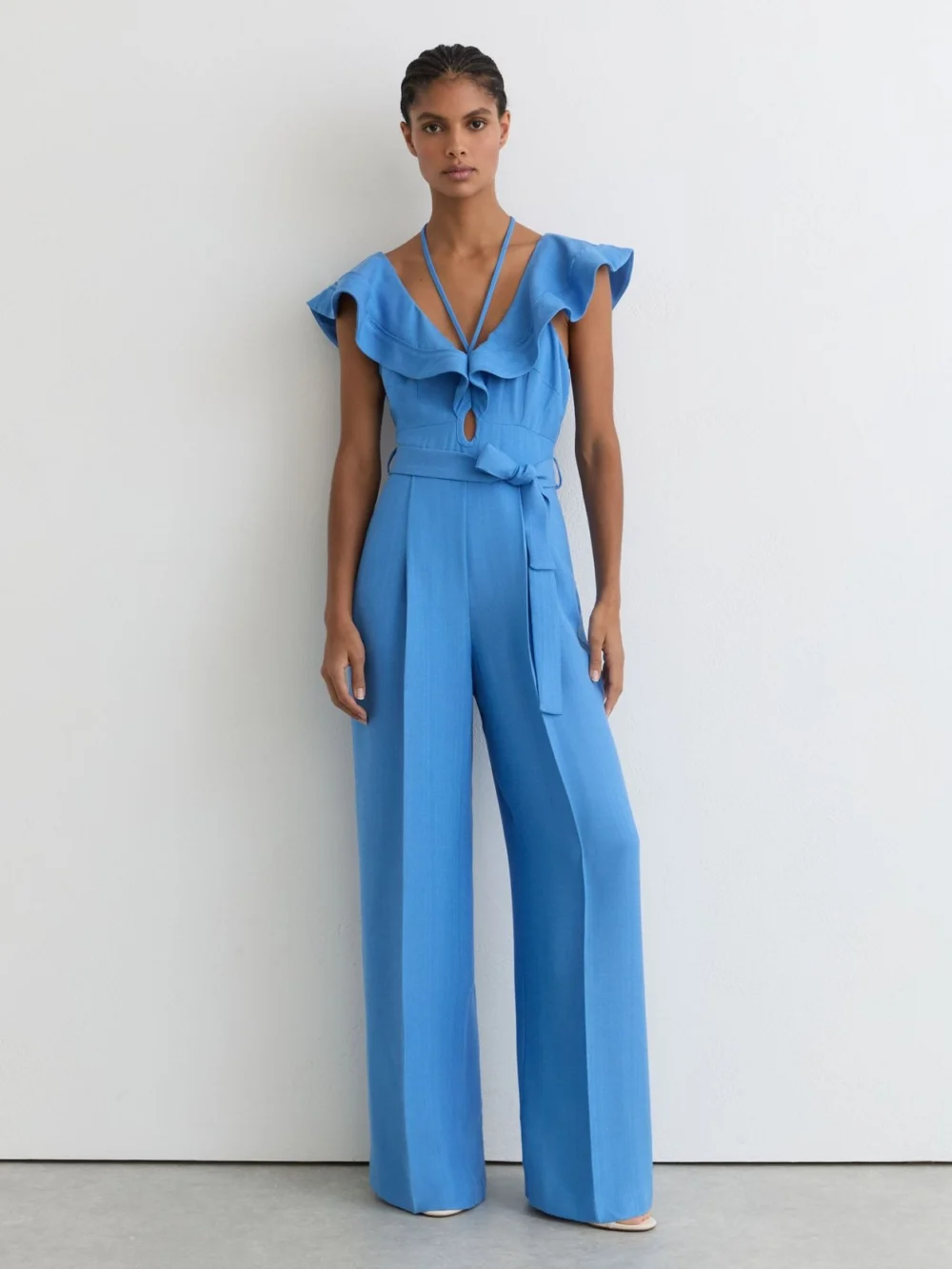 Reiss Blue Ruffle Tie-neck Wide-leg Jumpsuit