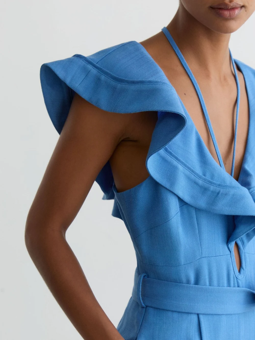 Reiss Blue Ruffle Tie-neck Wide-leg Jumpsuit, view 3