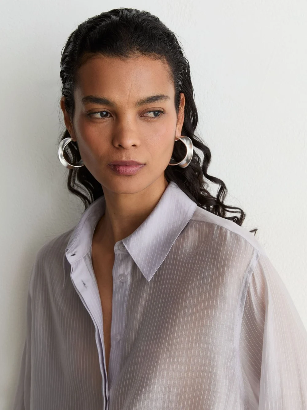 Reiss Blue Sheer Striped Long-sleeve Shirt, view 3