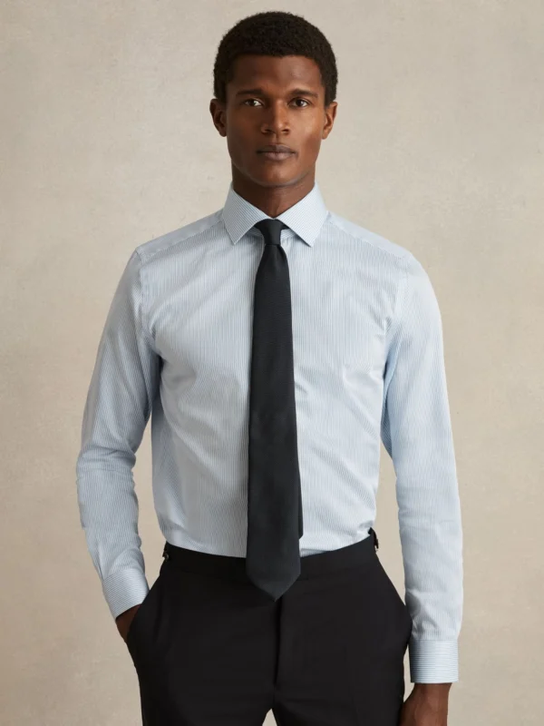 Reiss Blue Stripe Remote Regular Fit Cotton-satin Cutaway-collar Shirt