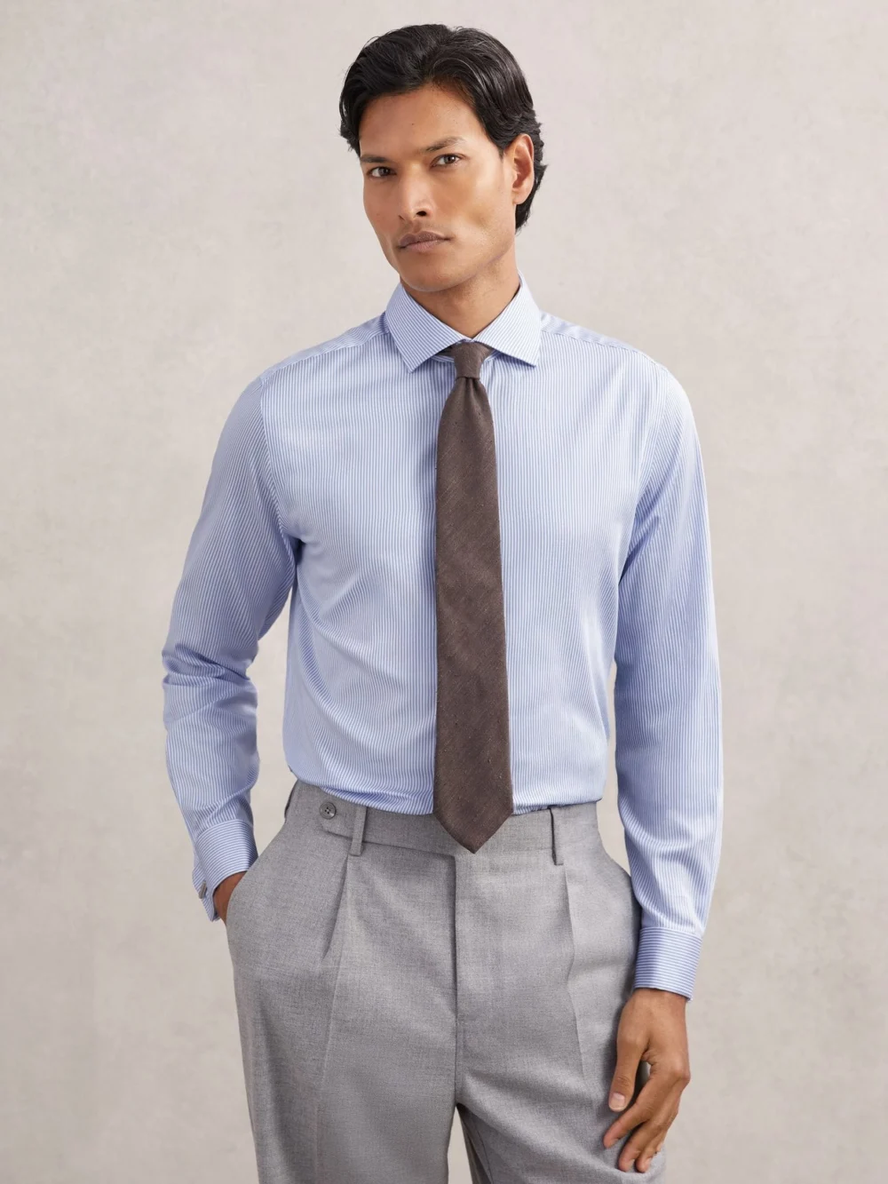 Reiss Blue Stripe Remote Regular Fit Regular-fit Cotton-satin Shirt