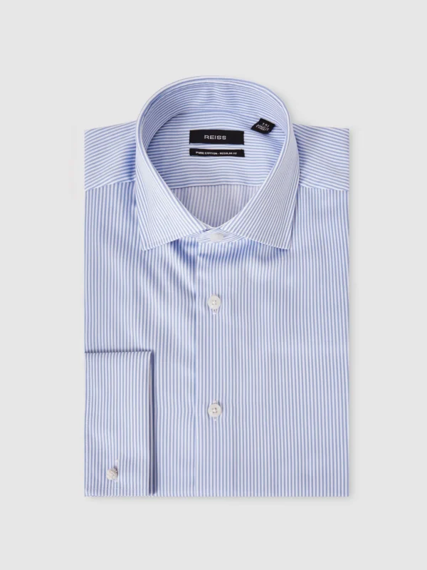 Reiss Blue Stripe Remote Regular Fit Regular-fit Cotton-satin Shirt