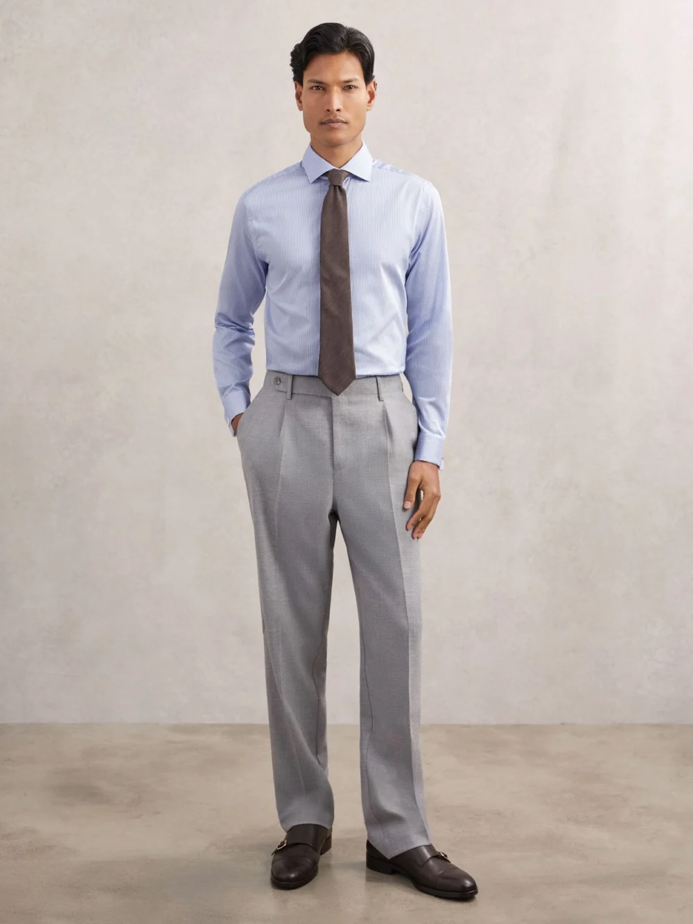 Reiss Blue Stripe Remote Regular Fit Regular-fit Cotton-satin Shirt, view 3