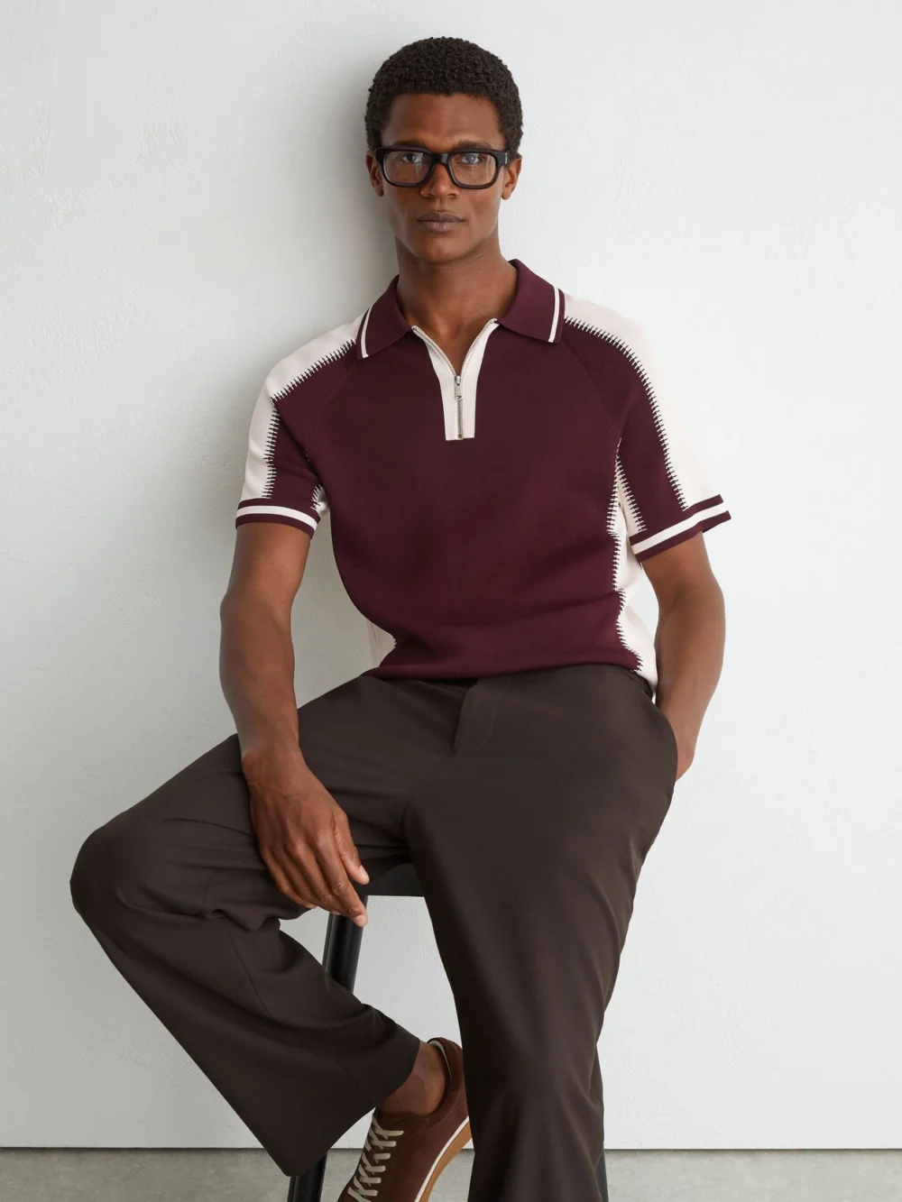 Reiss Bordeaux & Ecru Colour-block Half-zip Knitted Polo Shirt in bordeaux/ecru