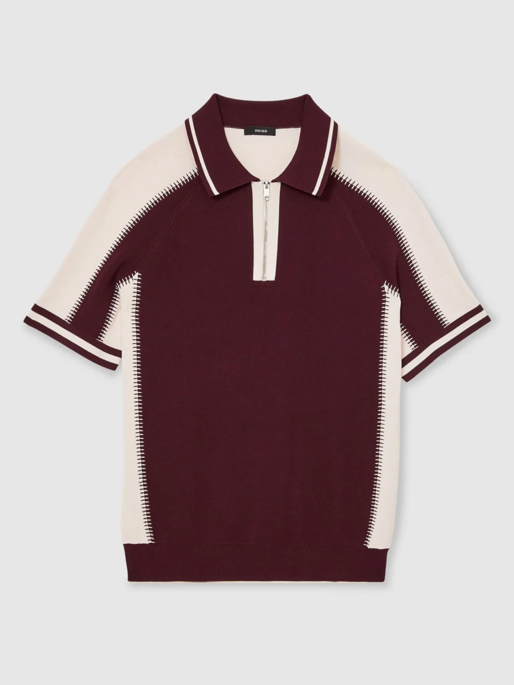 Reiss Bordeaux & Ecru Colour-block Half-zip Knitted Polo Shirt, view 2
