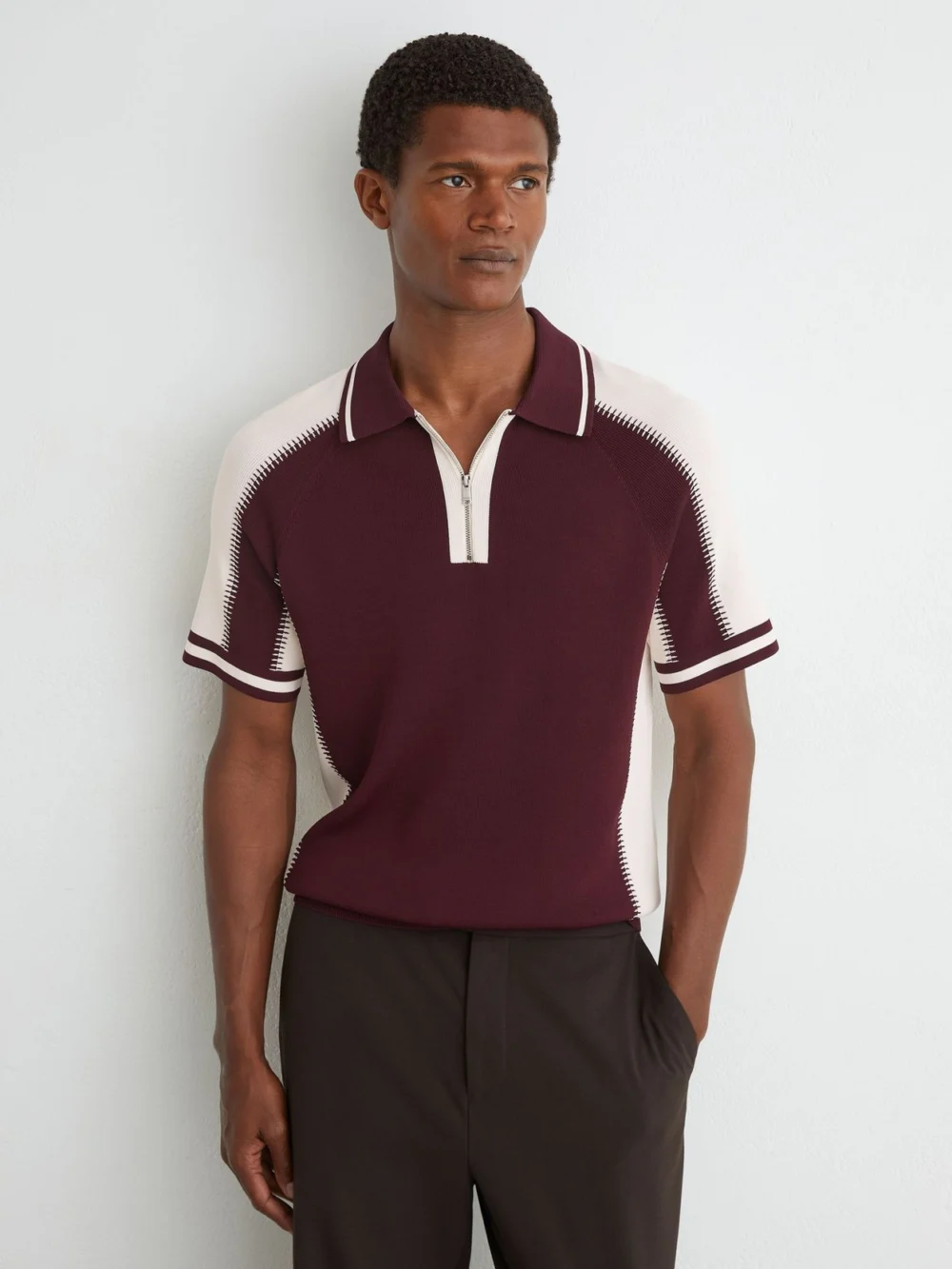 Reiss Bordeaux & Ecru Colour-block Half-zip Knitted Polo Shirt, view 3