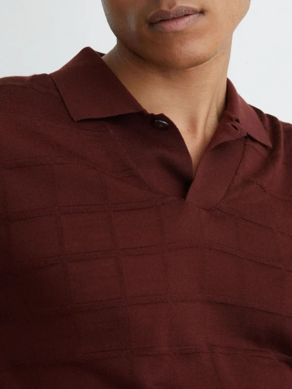 Reiss Bordeaux Check-texture Short-sleeve Polo Jumper with Wool