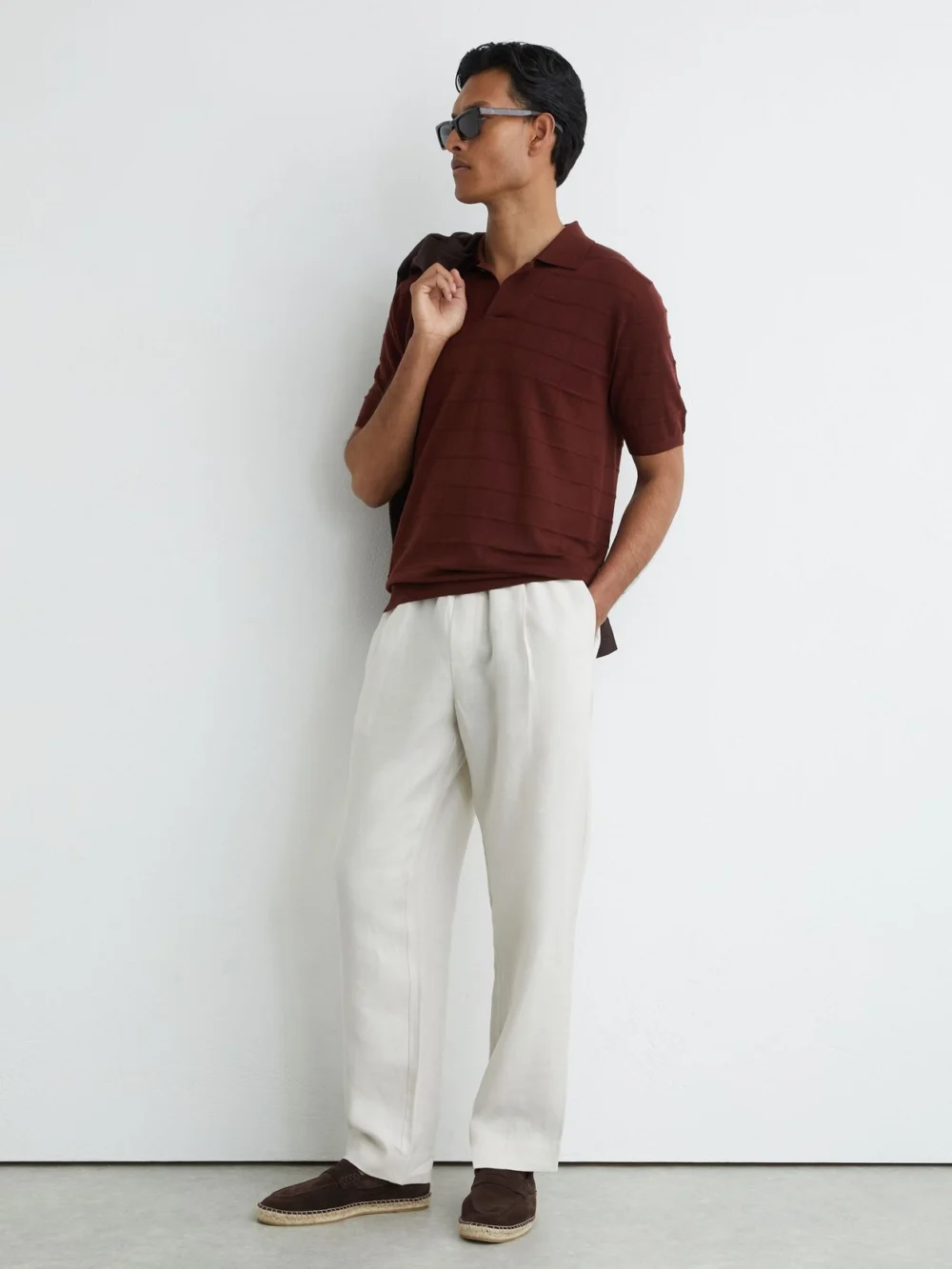 Reiss Bordeaux Check-texture Short-sleeve Polo Jumper with Wool, view 3