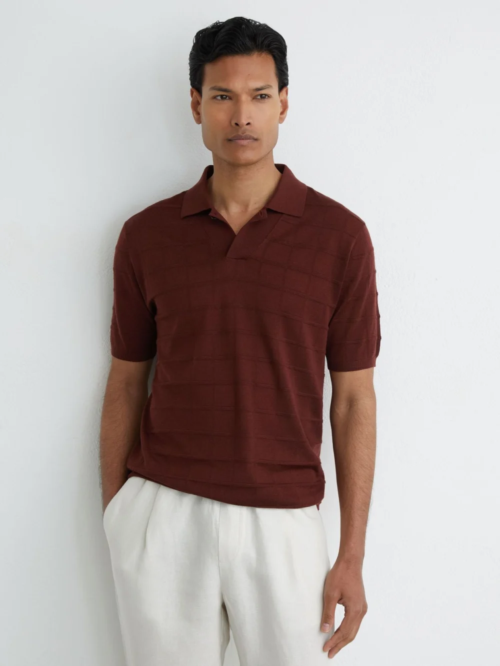 Reiss Bordeaux Check-texture Short-sleeve Polo Jumper with Wool, view 4