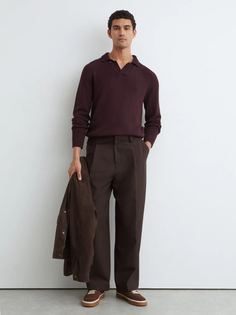 Reiss Bordeaux Cotton Open-collar Polo Jumper, view 3