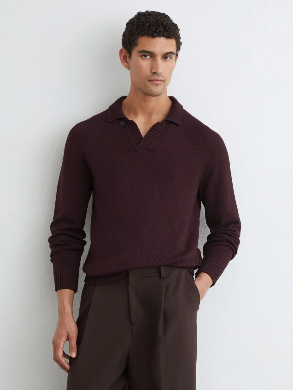 Reiss Bordeaux Cotton Open-collar Polo Jumper, view 4