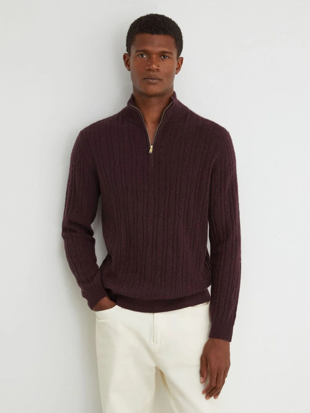 Reiss Bordeaux Melange Cashmere Cable-knit Half-zip Jumper