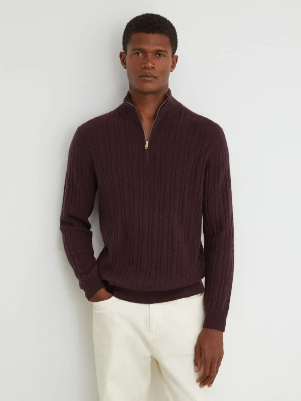 Reiss Bordeaux Melange Cashmere Cable-knit Half-zip Jumper