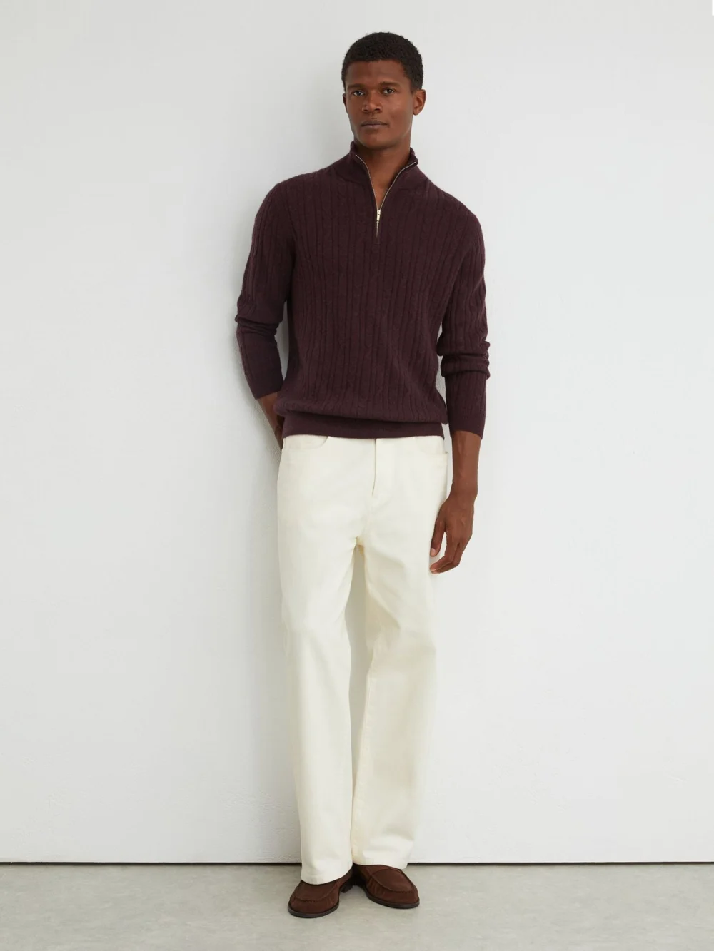 Reiss Bordeaux Melange Cashmere Cable-knit Half-zip Jumper, view 4