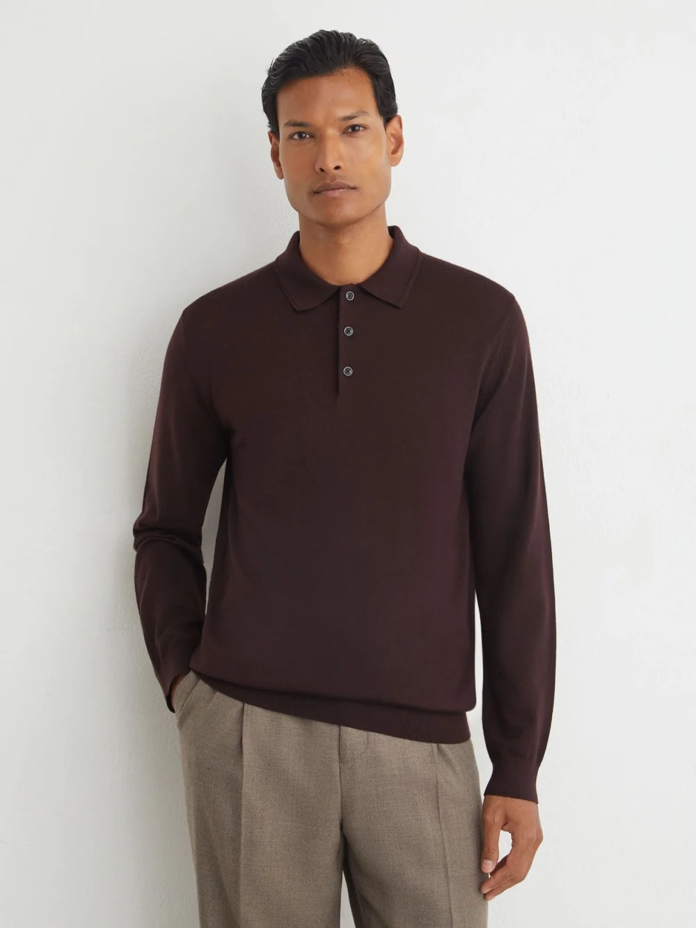 Reiss Bordeaux Merino Wool Long-sleeve Polo Shirt