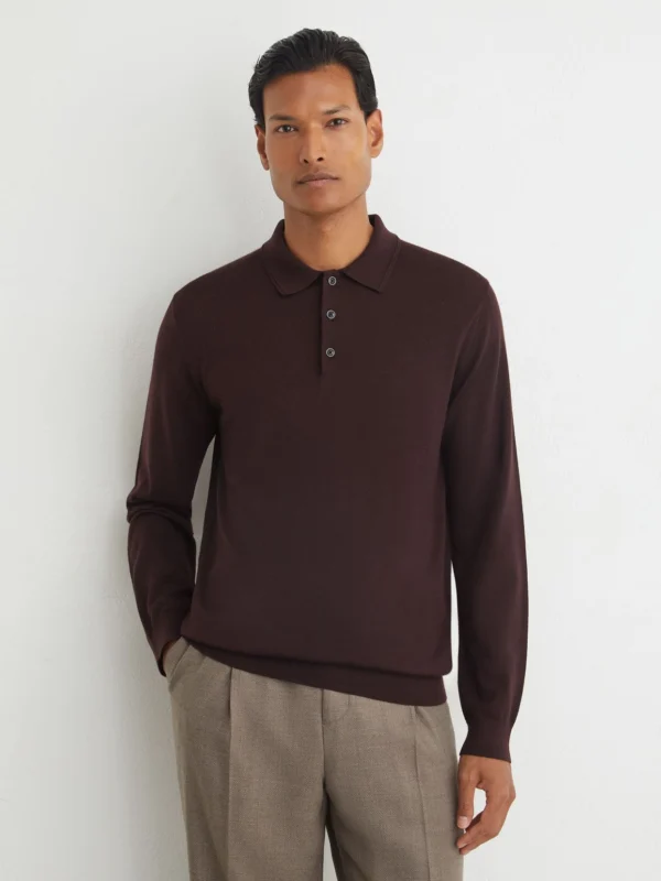 Reiss Bordeaux Merino Wool Long-sleeve Polo Shirt