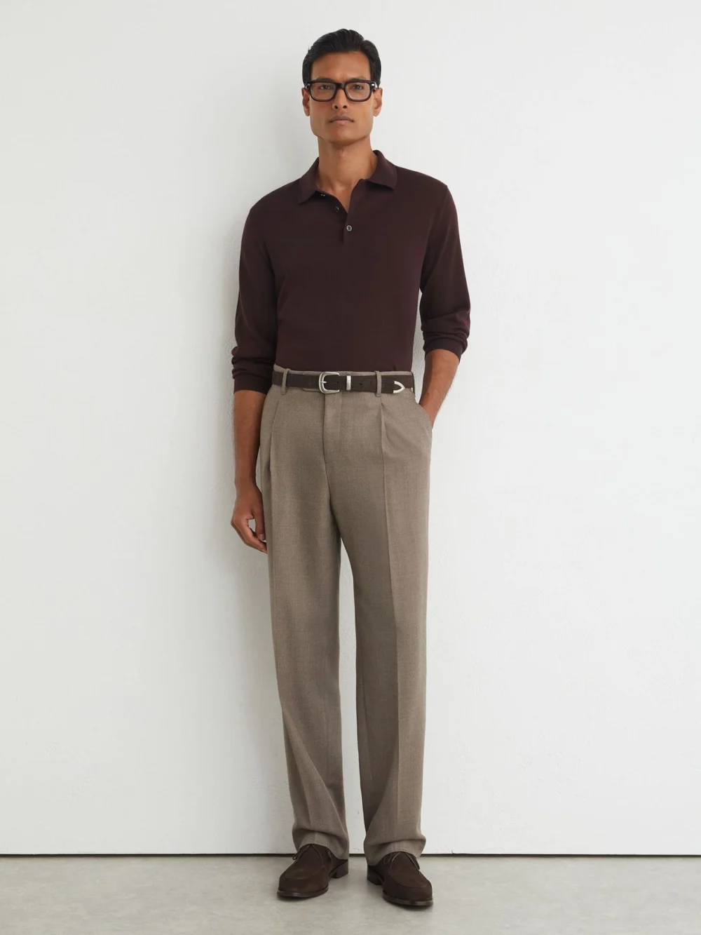 Reiss Bordeaux Merino Wool Long-sleeve Polo Shirt, view 3