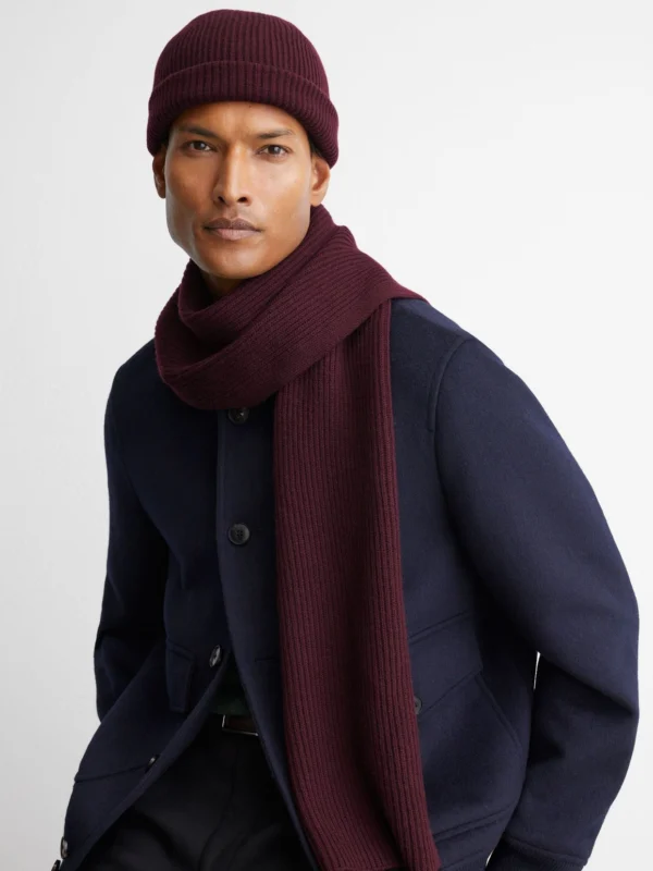 Reiss Bordeaux Merino Wool Rib-knit Scarf and Beanie Set,