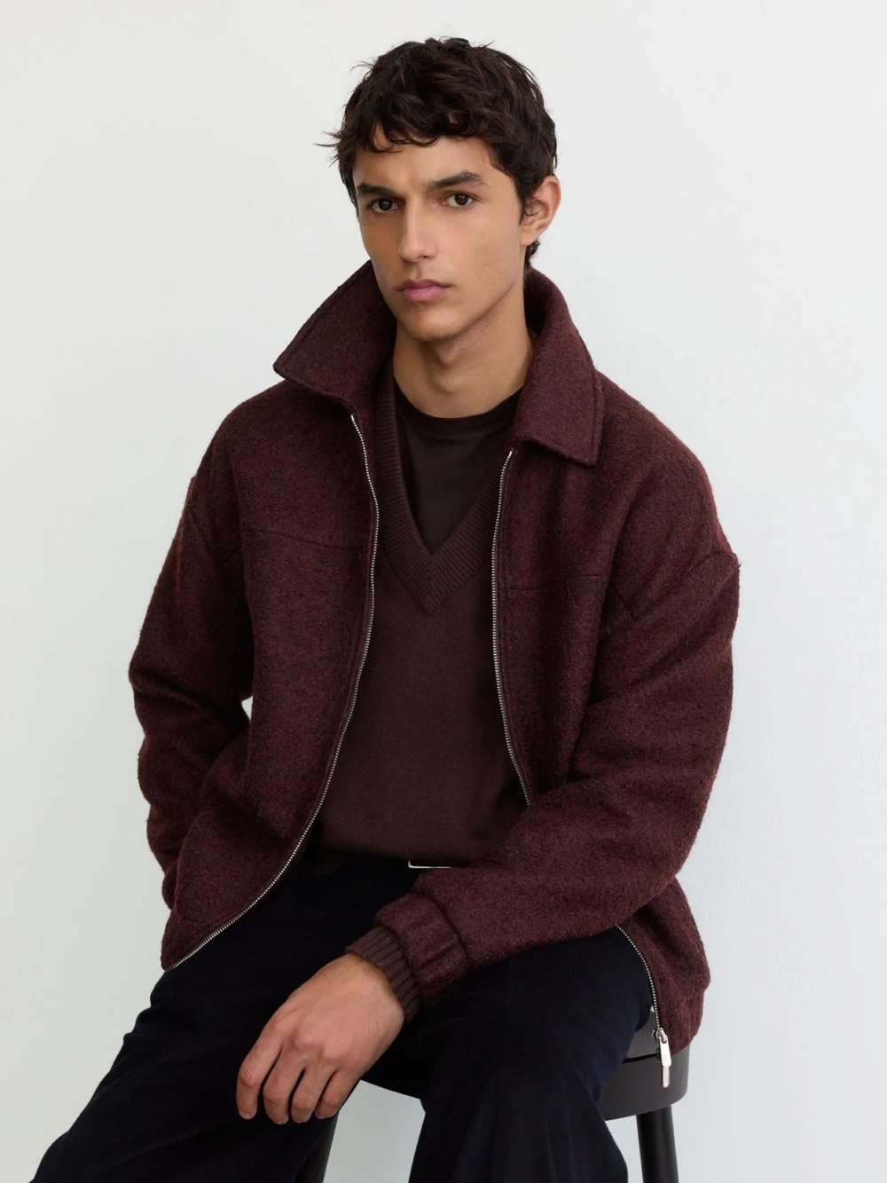 Reiss Bordeaux Multi Textured Zip-through Jacket with Wool