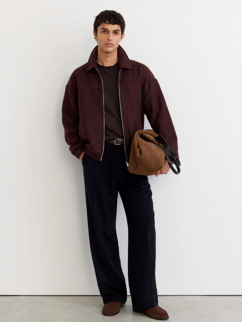 Reiss Bordeaux Multi Textured Zip-through Jacket with Wool, view 3
