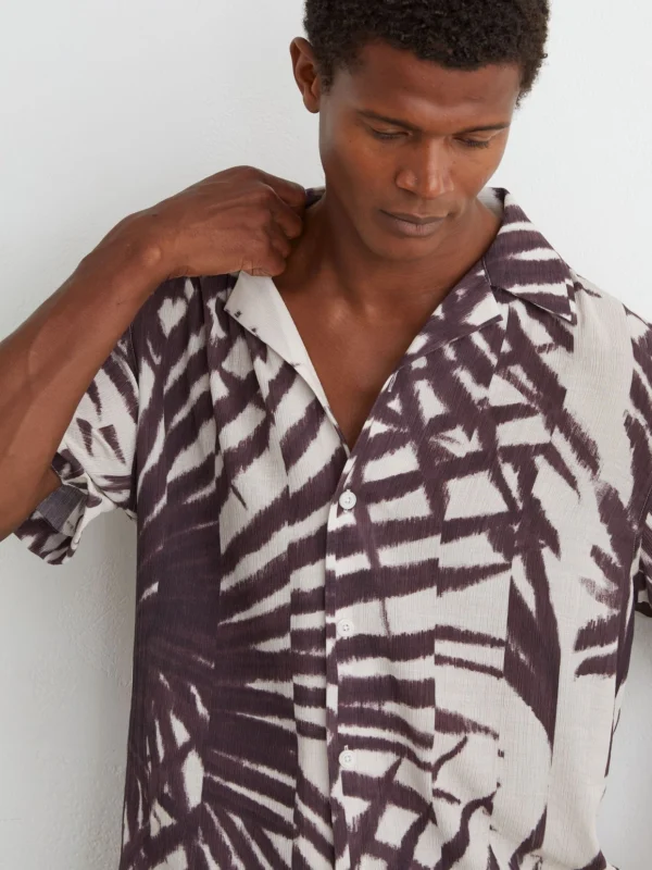 Reiss Bordeaux Plissé Printed Cuban-collar Shirt