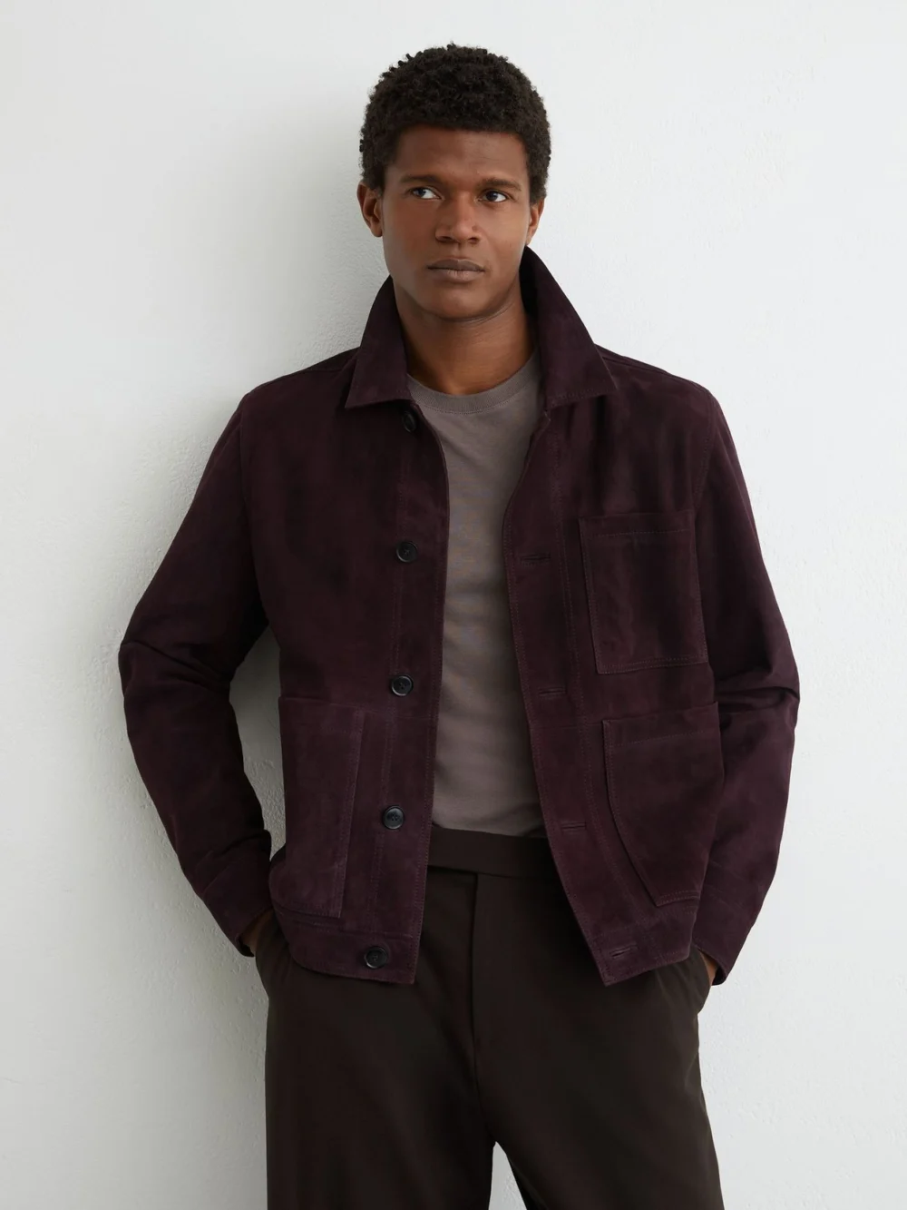 Reiss Bordeaux Suede Button-through Trucker Jacket