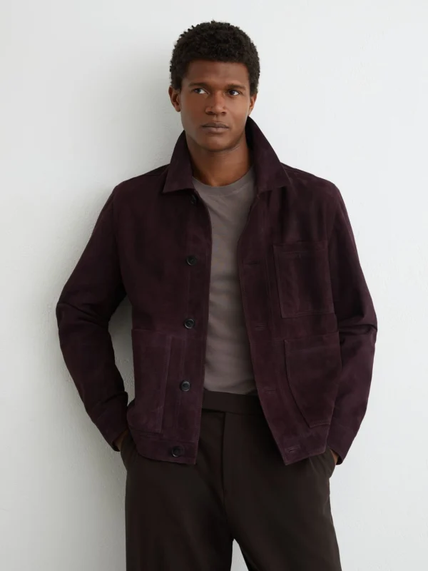 Reiss Bordeaux Suede Button-through Trucker Jacket