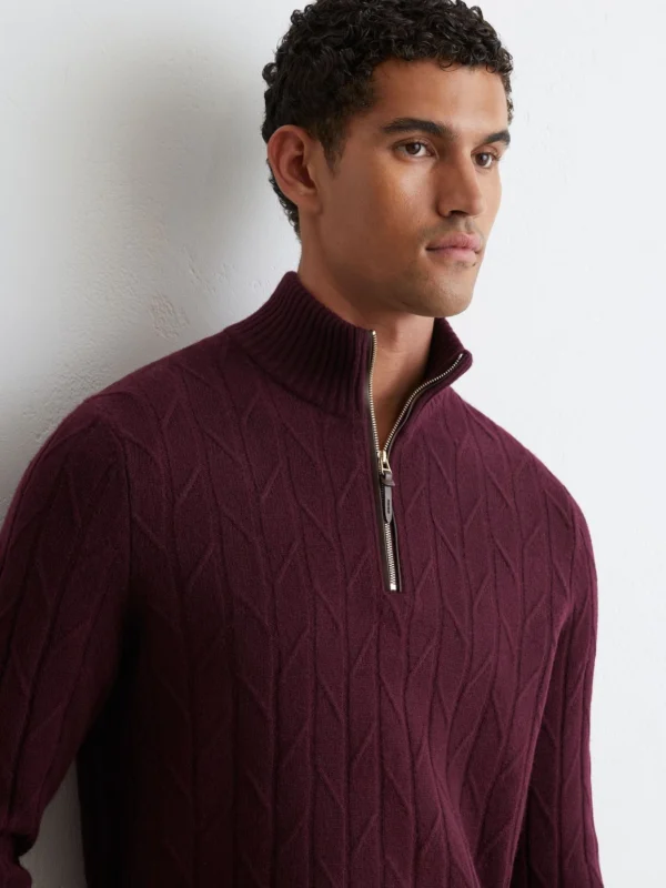 Reiss Bordeaux Wool Stitch-detail Half-zip Jumper