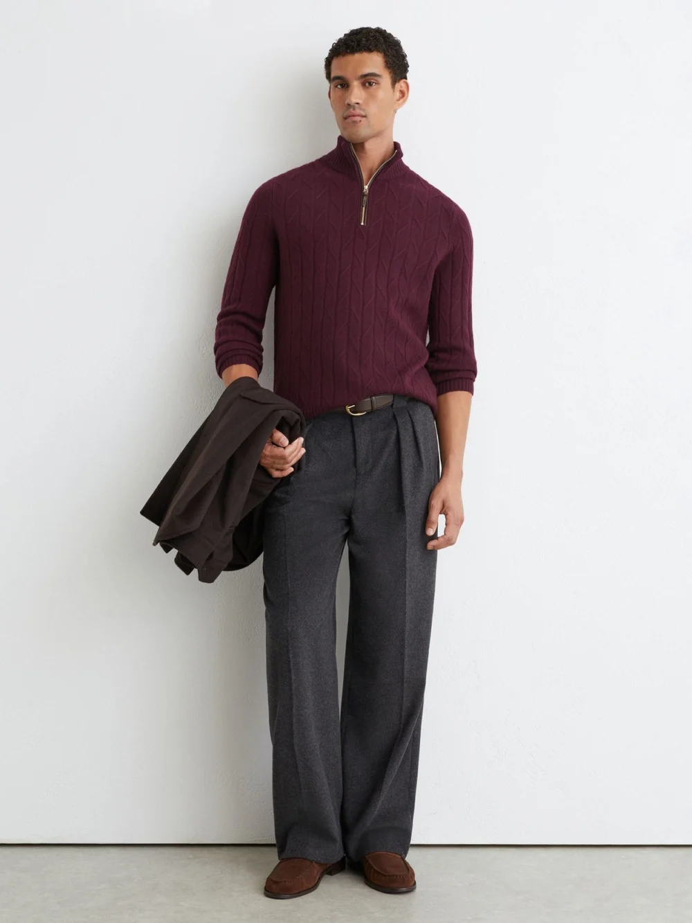 Reiss Bordeaux Wool Stitch-detail Half-zip Jumper, view 3