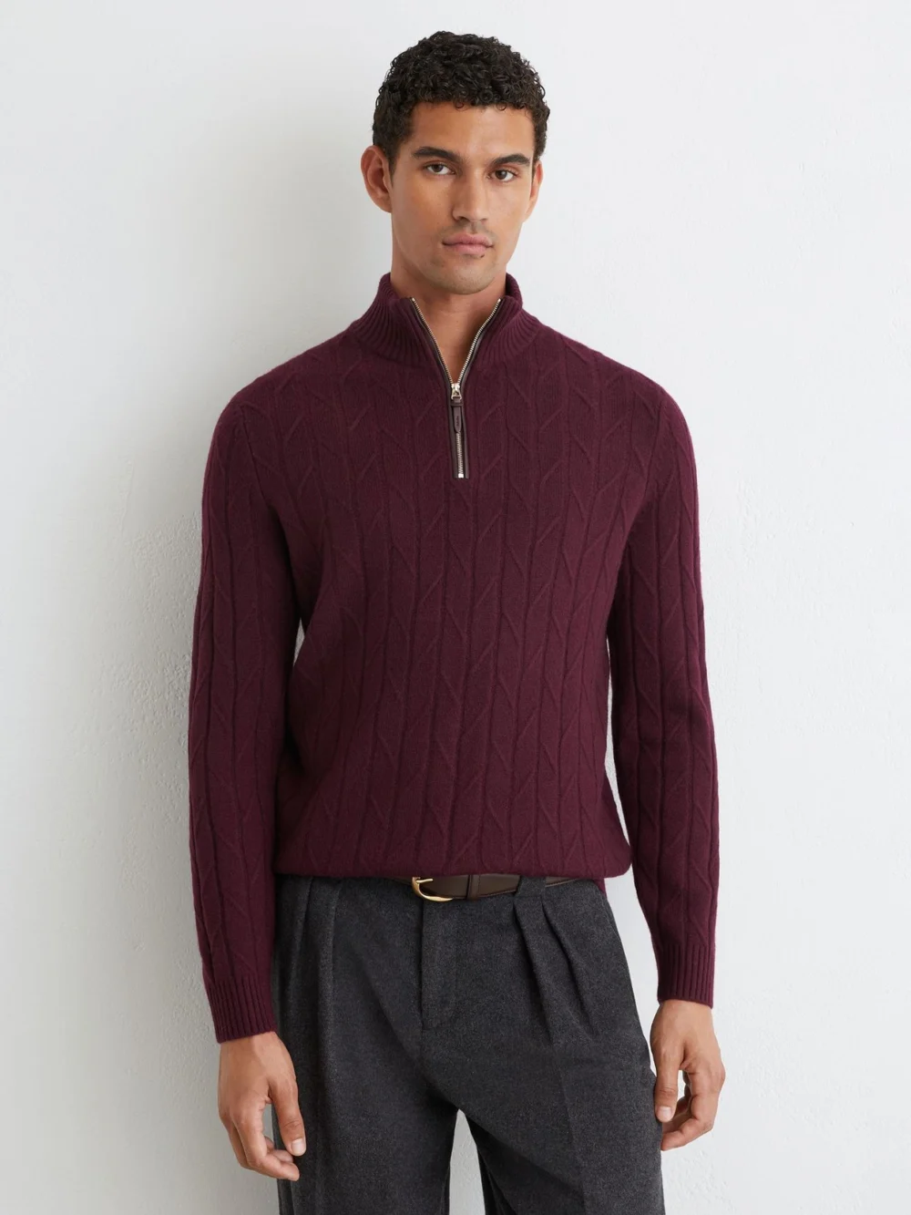 Reiss Bordeaux Wool Stitch-detail Half-zip Jumper, view 4